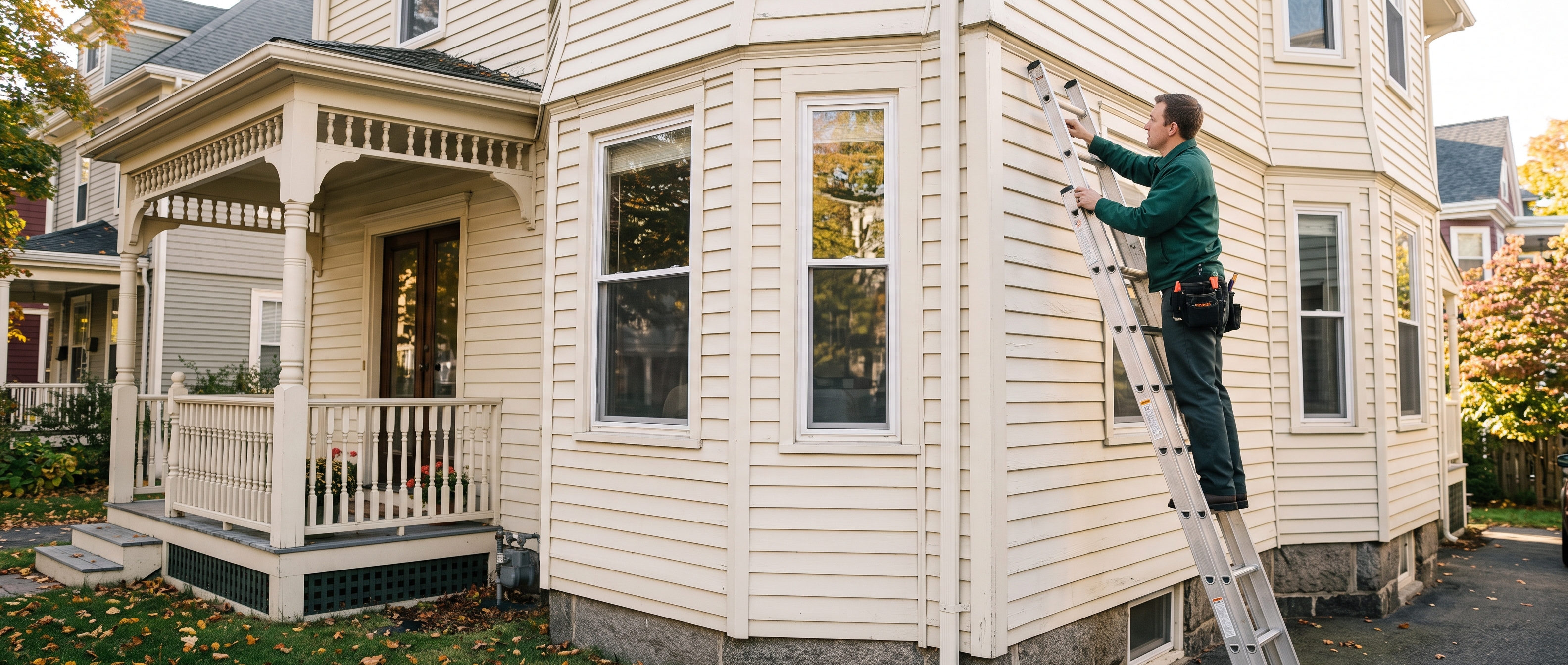 A Cambridge technician on a ladder working on the exterior of a house
